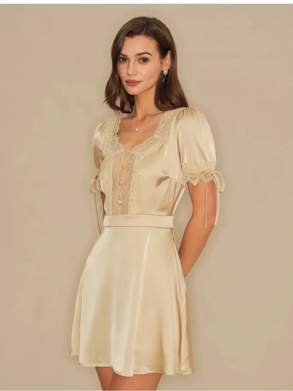 Rihoas Apricot Satin Lace Mini Dress Medium NWT V Neck Cottagecore Romantic - Picture 1 of 12